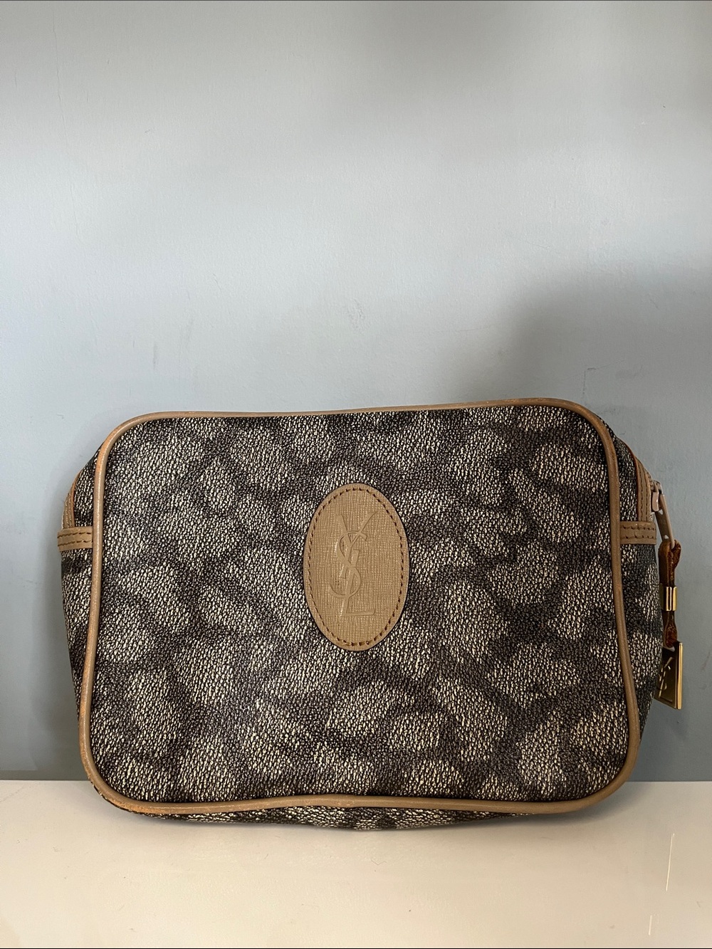 Yves Saint Laurent Brown and Tan Patterned Canvas Toiletry Pouch